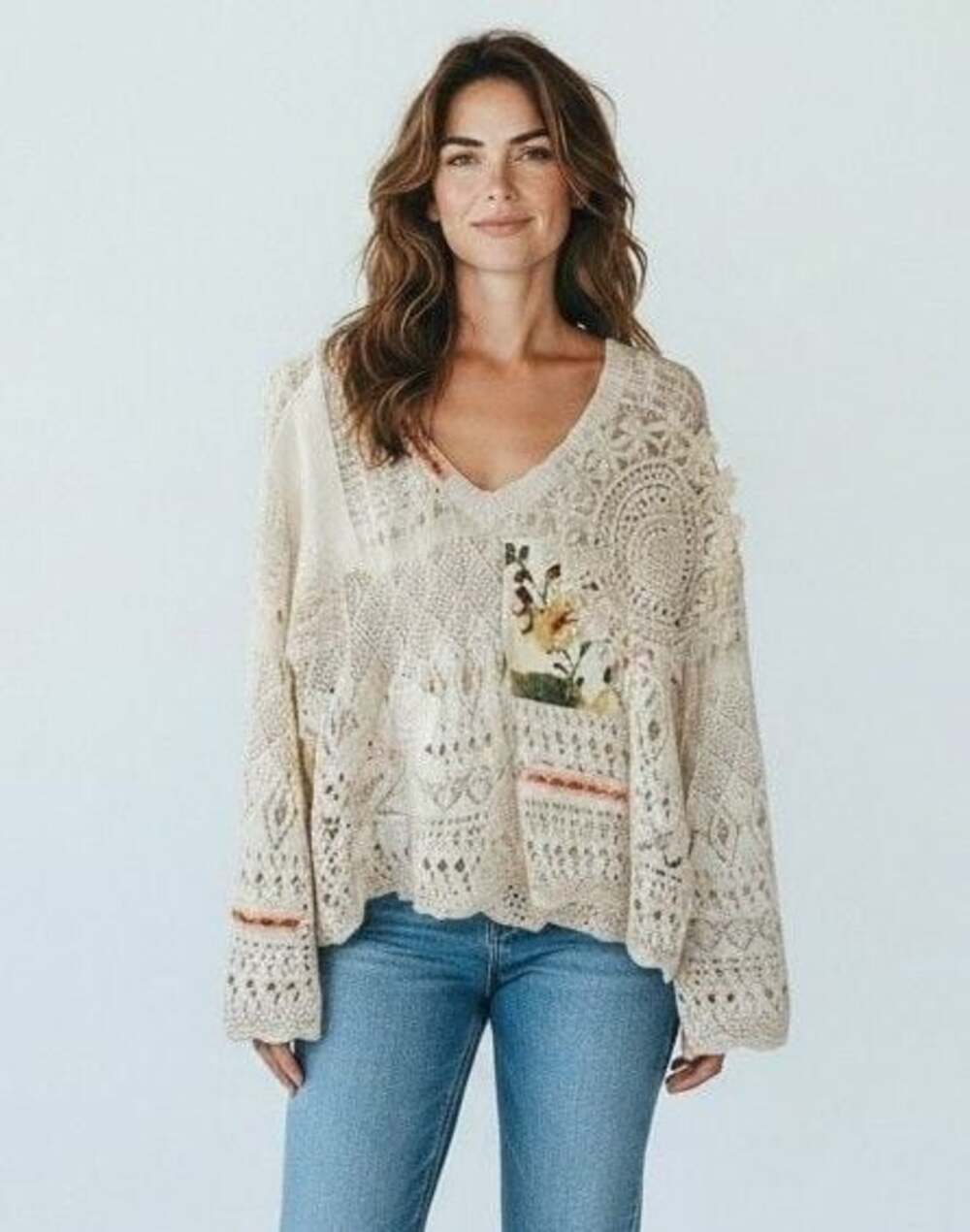 POL Sprout & Stitch Crochet Patchwork Sweater Top Size S